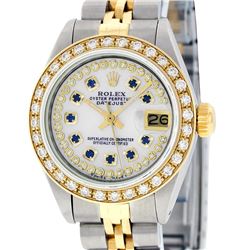 Rolex Ladies 2 Tone 14K MOP Sapphire String Diamond Datejust Wristwatch