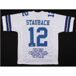 Roger Staubach Signed Cowboys Career Highlight Stat Jersey (JSA COA)