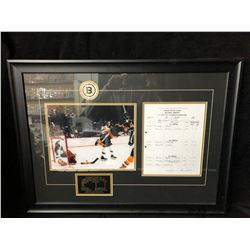 BOBBY ORR FRAMED PHOTO/ GAME SCORE SHEET DISPLAY (24 X 36)