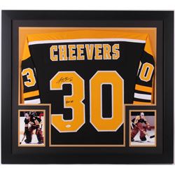 Gerry Cheevers Signed Boston Bruins 35x43 Custom Framed Jersey Inscribed "HOF 85" (JSA COA)