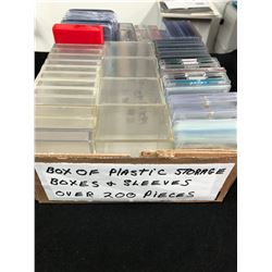 BOX OF PLASTIC CARD STORAGE BOXES & SLEEVES (200+ PIECES)