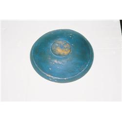 13  TURNED WOODEN BOWL W/ BLUE PAINT , IMPERFECTI