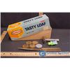 Image 1 : Vintage Kraft Darifarm Tasty Loaf Cheese Box W/ Razor, Letter Opener, and Tokens