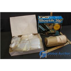 Box of 1000 3 x4  Plastic Bags, Roll Of Cotton Lacing/Shoelacing, & Bostik Electric Glue Gun