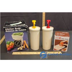 Kitchen Scale, Eva Mini Grater, & (2) Condiment Pump Containers