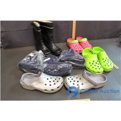 (3) Pair Croc Shoes, (3) Pair Child's Boot Liners, & Children's Rubber Boots