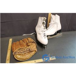 Antique Ball Glove & Size 3 Girl's Figure Skates