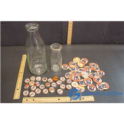 Milk Bottles (2), Milk Caps, and Bottle Caps - Coca Cola, Crush, Mountain Dew, etc.