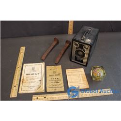 Vintage Brownie Camera, Railway Spikes, Price List, Liquor Board.