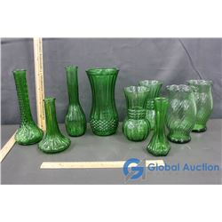 (9) Green Glass Vases