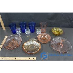 Coloured Glass Dishes - Blue Cups, Irredescent Cups, Pink and Yellow Serving Dishes