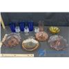 Image 1 : Coloured Glass Dishes - Blue Cups, Irredescent Cups, Pink and Yellow Serving Dishes