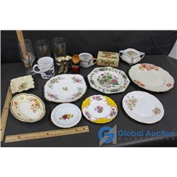 Misc. Dishes, Glass Cups, 6 Plates, etc.
