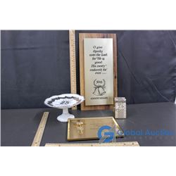 Two 50th Anniversary Plaques, Napkin Holder, and 25th Anniversary Serving Platter