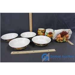 Mushroom Bowls (4), Mugs (2), Napkin Holder(1)