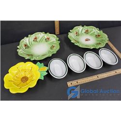 2 X-Mass Platter Bowl, 1 Yellow Flower Plate, 4 Resturant Trimmel Dishes