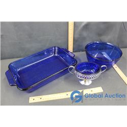 Blue Glass Dishes - Cake Pan, Bowls