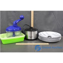 Crock Pot Little Dipper, Tuppware Chopper, Decorative Plates & Microwave Dish