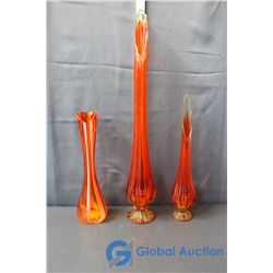 26" Red Glass Vase, 17" Red Glass Vase and 15" Red Glass Vase