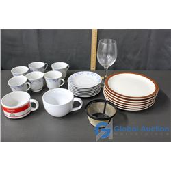 Tea Cup Set, 6 Plates, 2 Soup Cups, Coffee Filter & Wine Glass