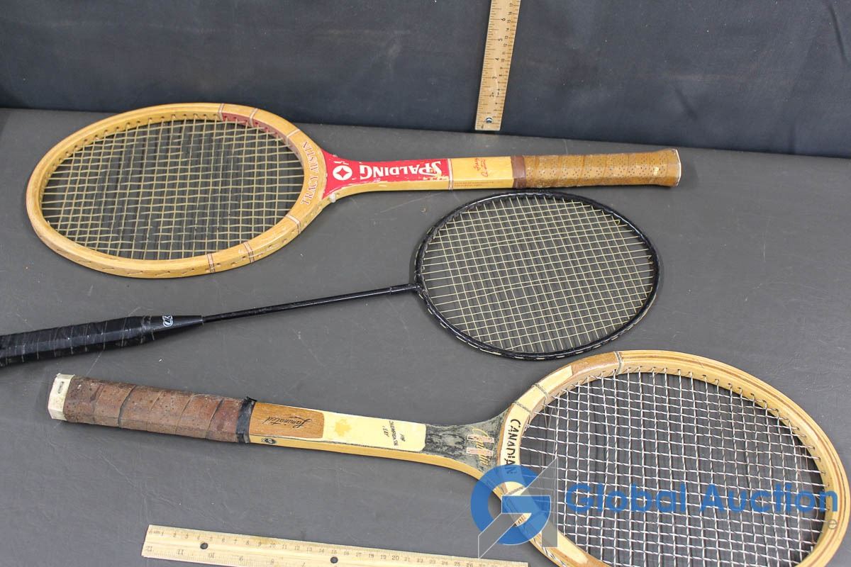 2 Vintage Tennis Rackets, Badmitton Racket & 2 Halloween Decor