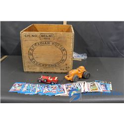 Canadian Butter Wooden Box, 2 Toy Cars & Baseball Cards