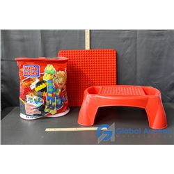 Assortment of Mega Blocks, Stool & Large Mega Block Mat
