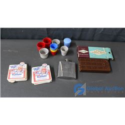 Wisers Flask, Budwiser Coasters, Plastic Shot Glasses, Vintage Cribbage Board