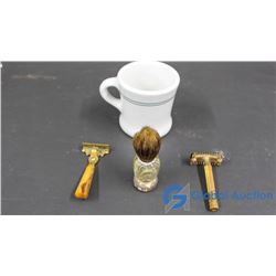 Mug w/2 Vintage Razors and Shaving Cream Brush