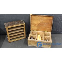 Wooden Shelf and Wooden Organizer Box w/Molson Export and Carlsburg Lighters and Misc.