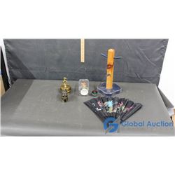 Home Decor, Wooden Mug Tree, Decorative Fan, Brass Unicorn Music Box, etc.