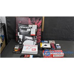 3 Drum Heads, Guitar Strings, Metranome, Capo, Highball-2 Dynamic Microphone, etc