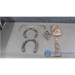 Vintage Square, Horseshoes (2), Iron Stand, etc.