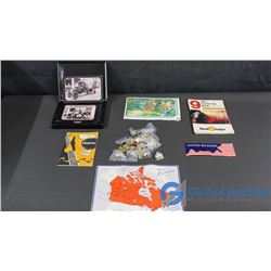 Texaco Postcards, Souvenir Pins, 1977 Sask Highway Map, Etc.