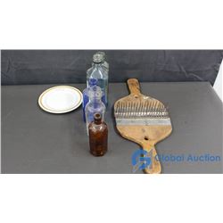 Wool Separators, 5 Colored Glass Bottles & Small Glass Plate