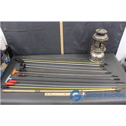 Assorted Gun Cleaning Rods & Lantern (Glass Broken)