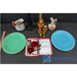 Assortment Of Ceramic Plates, Vases, Nesting Doll, Glass Decor, Etc.