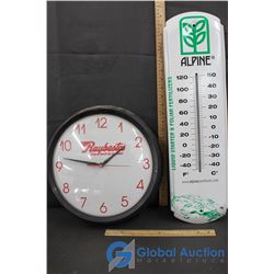 Raybestos Advertisment Clock & Alpine Plant Foods Advertisment Thermometer