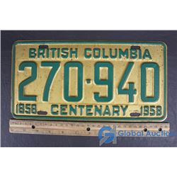 1858 Centenary 1958 British Columbia License Plate
