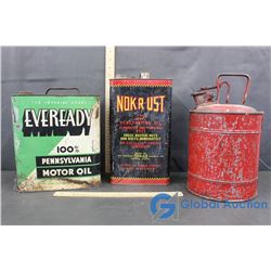 Eveready Motor Oil Tin, Nokrust Penetrating Oil Tin, & Metal Fuel Can
