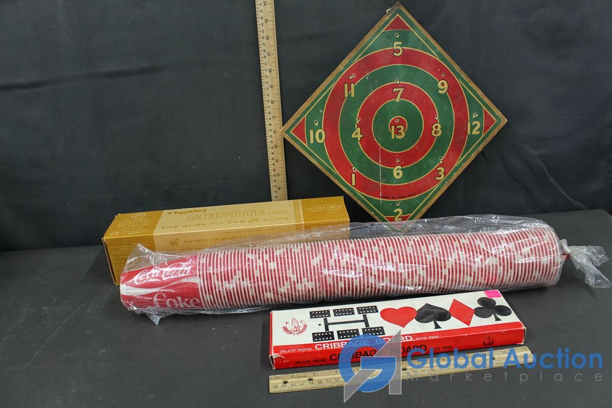 Sleeve of Coke Cups W/ Lily Griptite Lids, Target Board and Cribbage Board