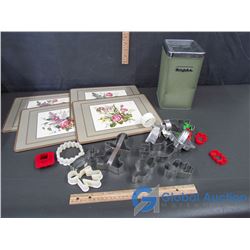 Counter Top Tin Cannister Full Of Cookie Cutters, & Set of Hot Pads