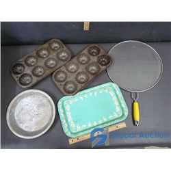 Vintage Tin Pie Plate, Baking Trays, Tin Serving Tray, & Pot-Lid Grease Guard