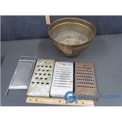 Vintage Tin Food Graters, & Large Brass Bowl