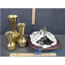 3 Brass Vases, & Ceramic Ash Tray