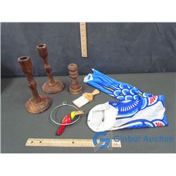 (3) Wooden Candle Stick Holders, Wind Fish Stocking, Hanging Toucan Bird, & Brush
