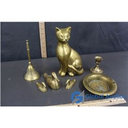 Decorative Brass Items - Cat, Bell, Ducks, Candle Holder, Ash Tray