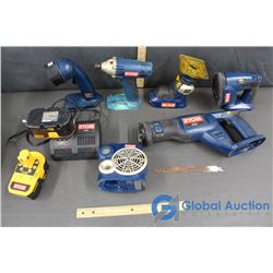 Roybi 18 Volt Cordless Tools - Reciprocating Saw, Flash Light, Impact Drill, Sander, Router, and Rad