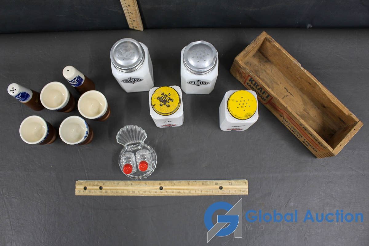 Vintage Salt, Pepper, Sugar and Flour Shakers W/ Egg Cups