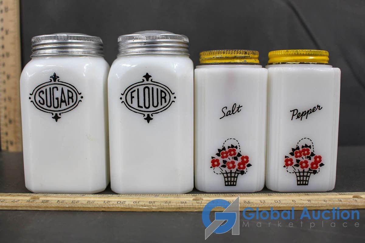 Vintage Salt, Pepper, Sugar and Flour Shakers W/ Egg Cups